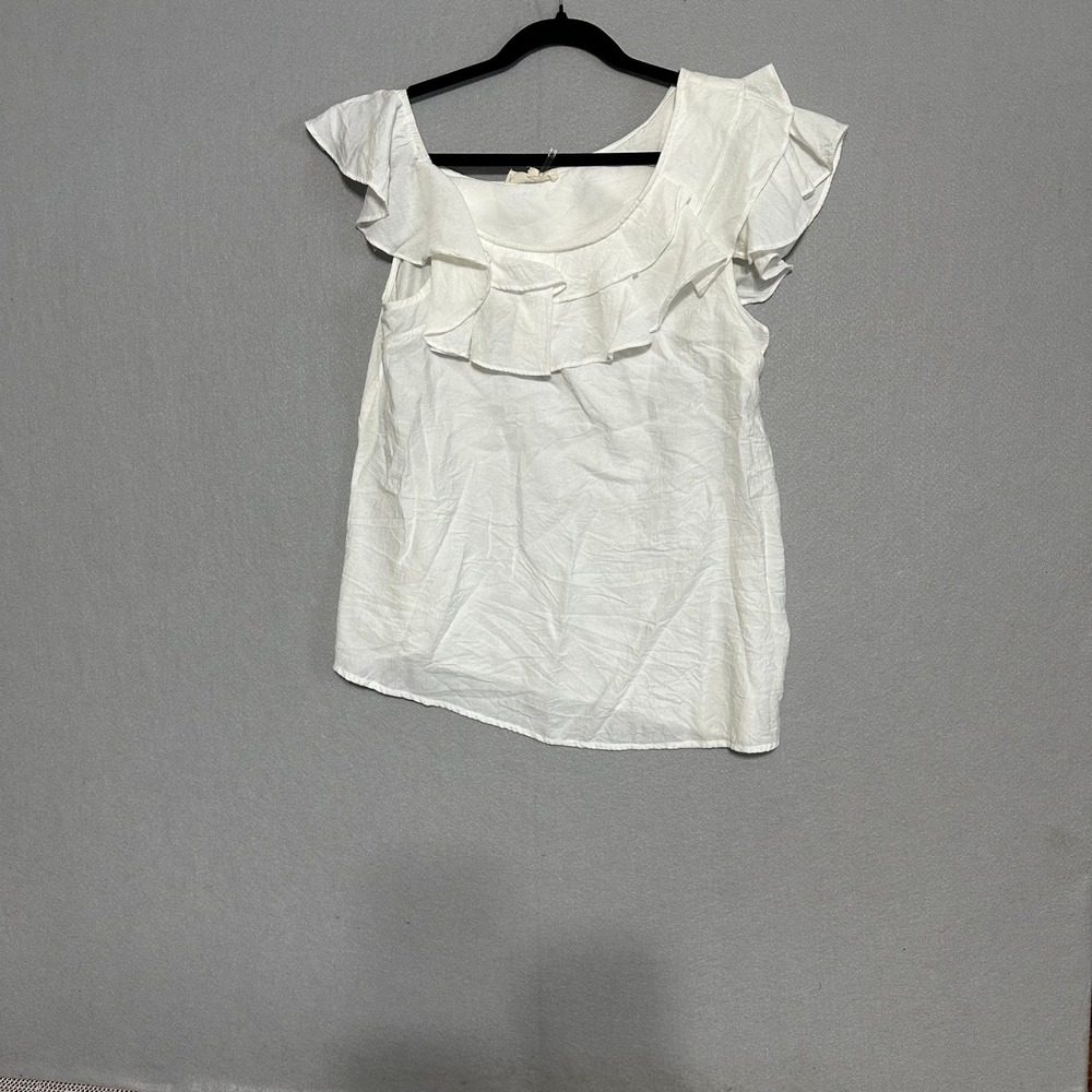 Entro White Ruffle Flutter‎ Sleeve Blouse Top Large Women Scoop Neck Tiered Boho